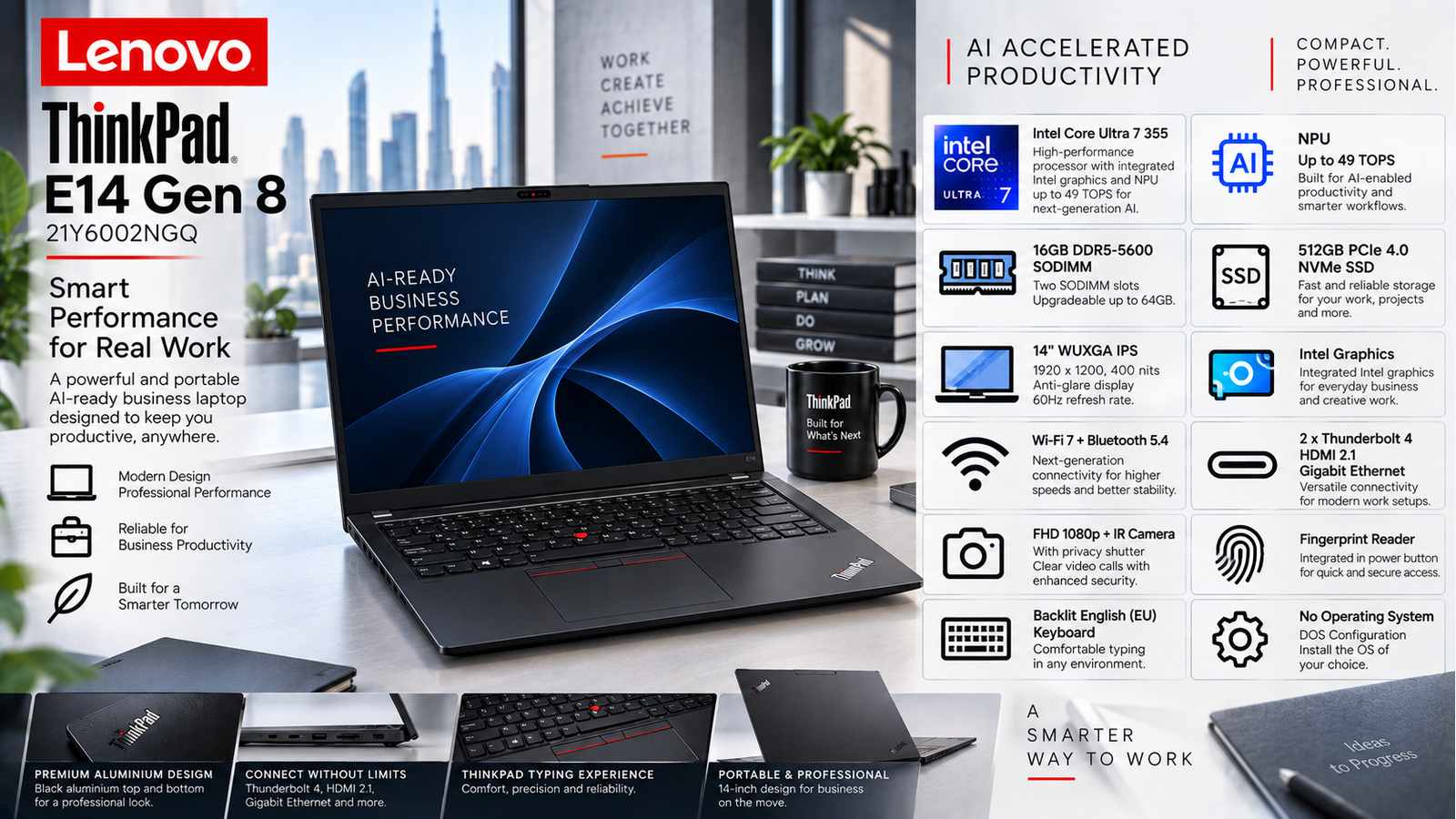 Lenovo ThinkPad E14 Gen 8 21Y6002NGQ AI Business Laptop, Intel Core Ultra 7 355, 16GB DDR5-5600, 512GB PCIe 4.0 SSD, 14-inch WUXGA IPS 400-nit Display, Intel Graphics, Wi-Fi 7, Backlit English Keyboard, DOS, Black with Warranty | 21Y6002NGQ